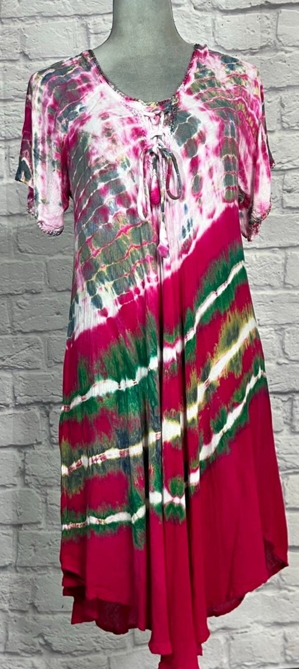 India Boutique Vibrant Boho Tie Dye Bollywood Style Crinkly Gauze Midi Dress